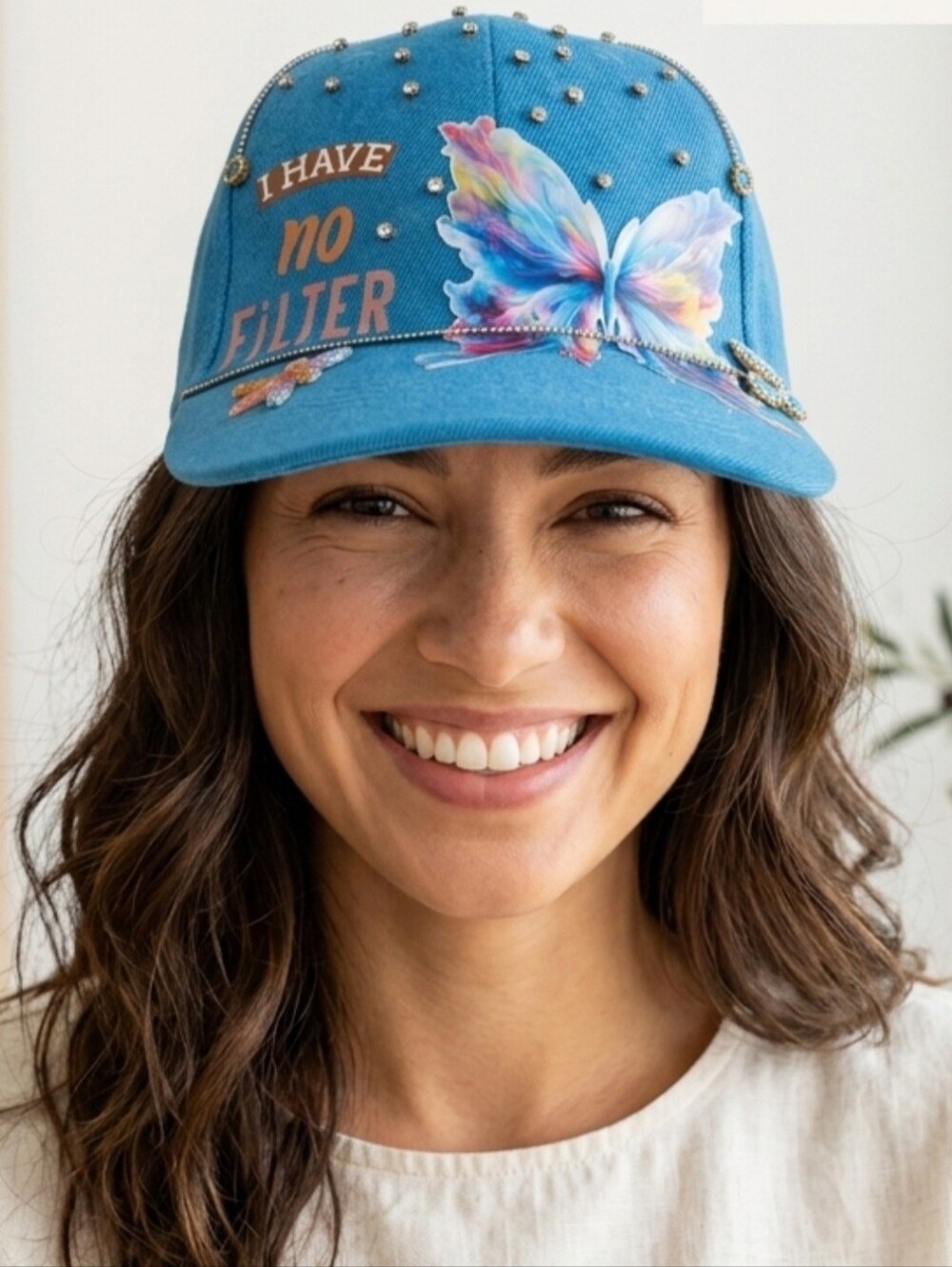 Handmade Blue Butterfly Studded Baseball Cap - "I Have No Filter"